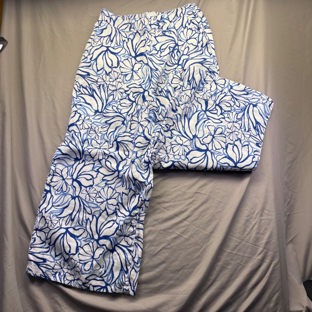 Martha Stewart Blue White Floral Linen Wide Leg Pants Elastic Waist Coastal M‎